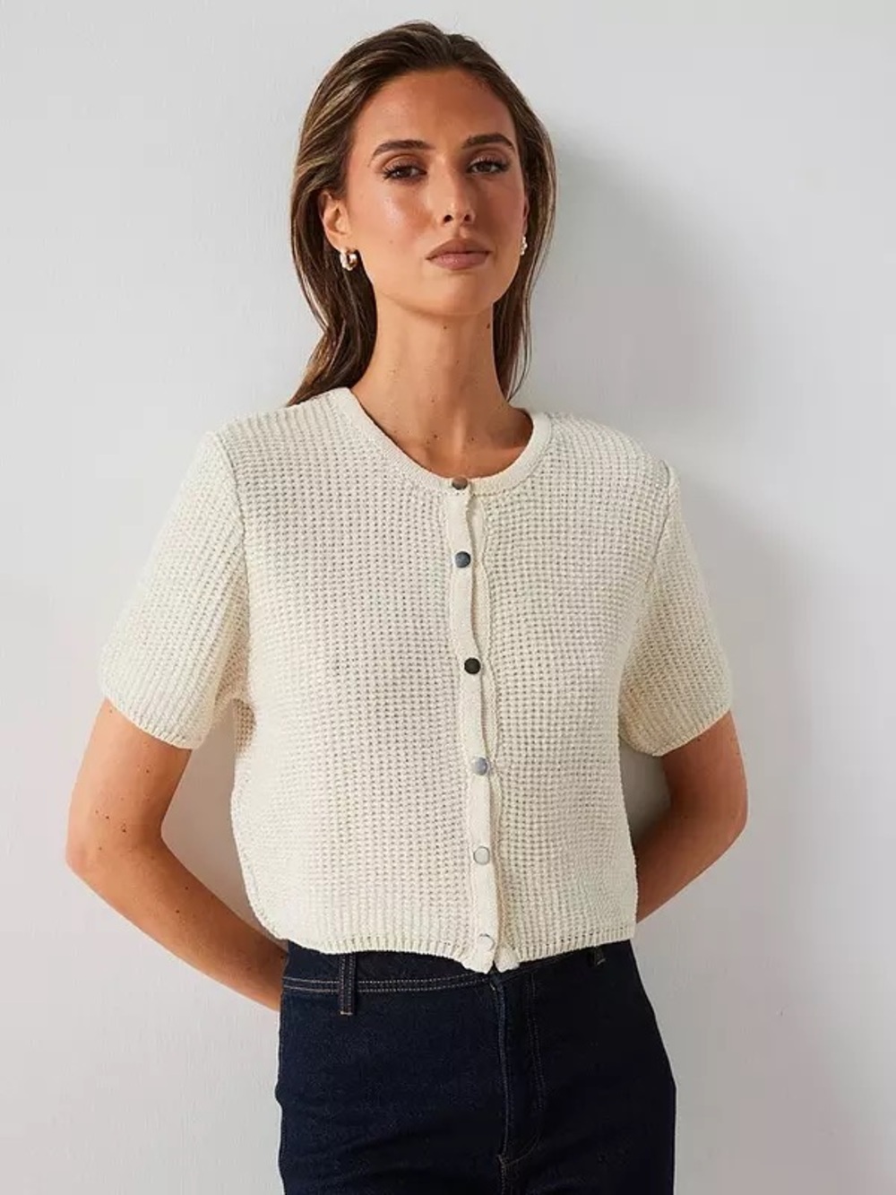 Mango Cream Short-Sleeve Button-Front Knit Top